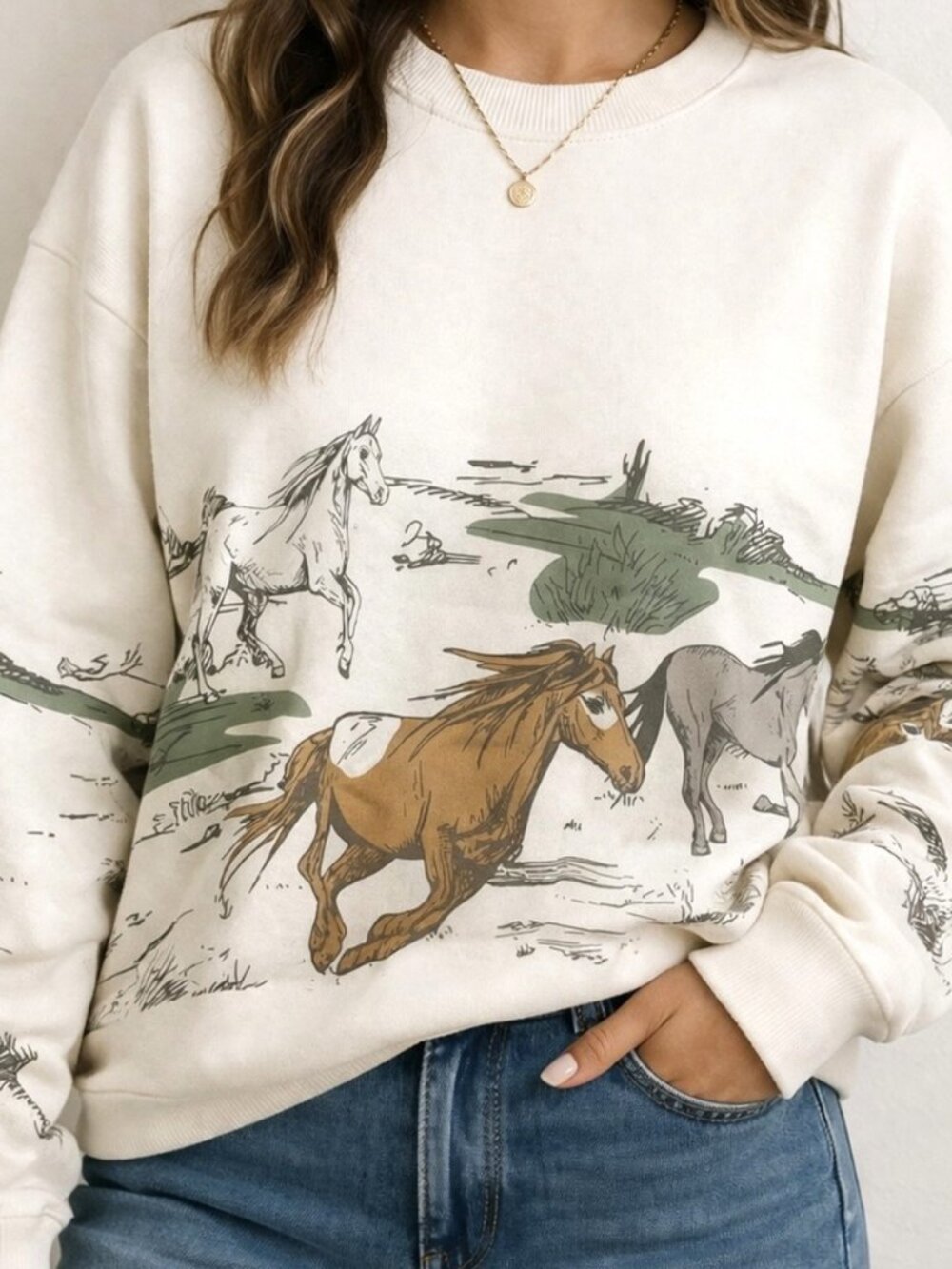 New! Issac Morrison Wild Running Horses Sweatshirt Cream IML Size Medium NWT